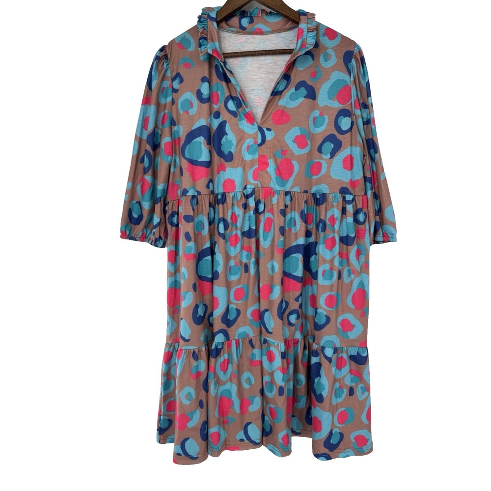 Multicolored Leopard Tiered dress collared artsy teacher 3/4 sleeve XL ruffle